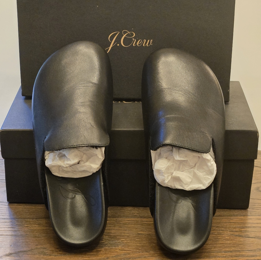 J.Crew Black Leather Mule style slippers or shoes with soft sherpa lining size 8